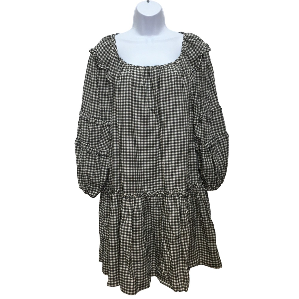 Max Studio Gingham Ruffle Smock Dress Women's Large Black Cottagecore Boho Fall